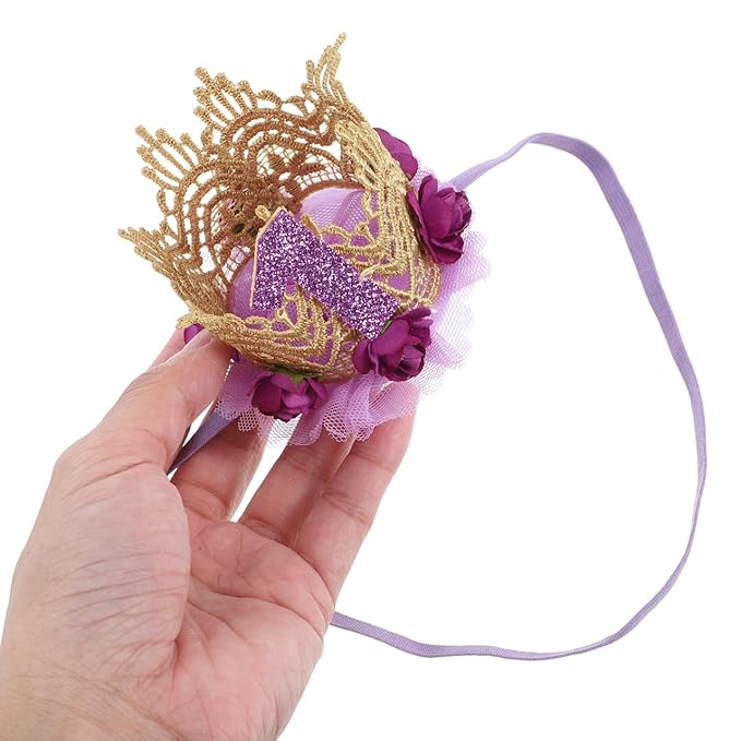 1st Birthday Tiara Headband for Baby Girl - Glitter Number Tiara, Flower Headband, Toddler Infant Kids Purple Hat