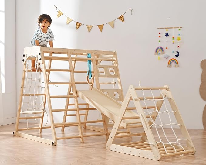 12-in-1 Toddler Playground - Foldable Kids Climbing Set with Slide, Rock/Net, Monkey Bars, Drawing Board, Swing and Pickler Set