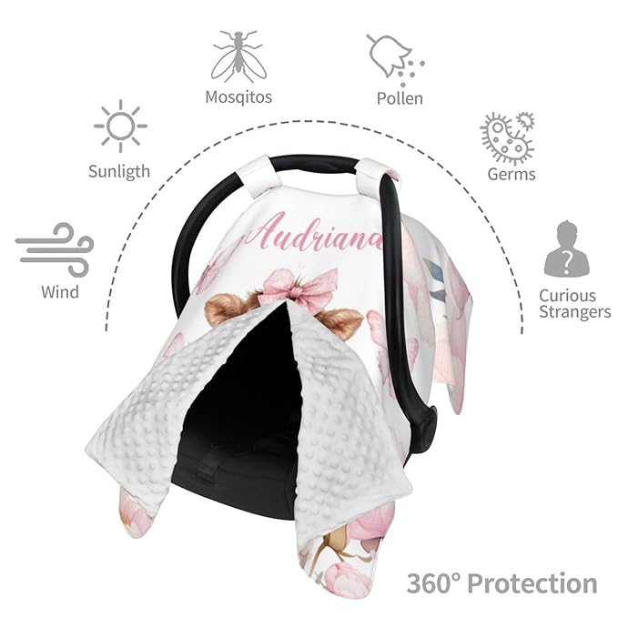 Personalized Baby Car Seat Canopy with Name – Custom Highland Cow Pink Minky Nursing Cover for Girls, Soft Stroller Cover for Infants & Newborns, Carseat Canopy for Breastfeeding