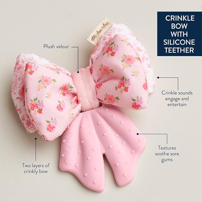 Itzy Ritzy Crinkle Teether Toy – Bow Teething Toy Includes Silicone, Velour & Crinkle Material – Features Multiple Textures for Teething Relief – Designed for Ages 3 Months and Up (Bows)