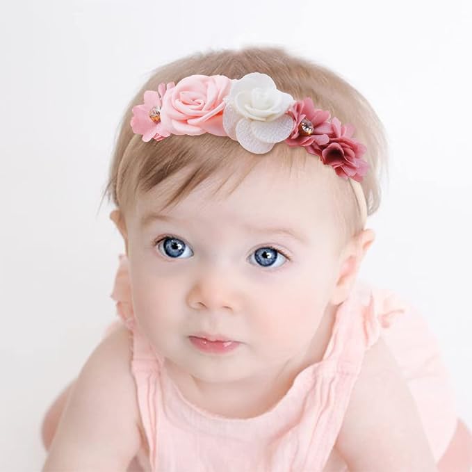 Baby Girl Flower Headband 6 PCS Elastic Hairbands Handmade Nylon Bows Headbands Chic Floral Hair Accessories Kids Gifts for Newborn Infant Toddlers