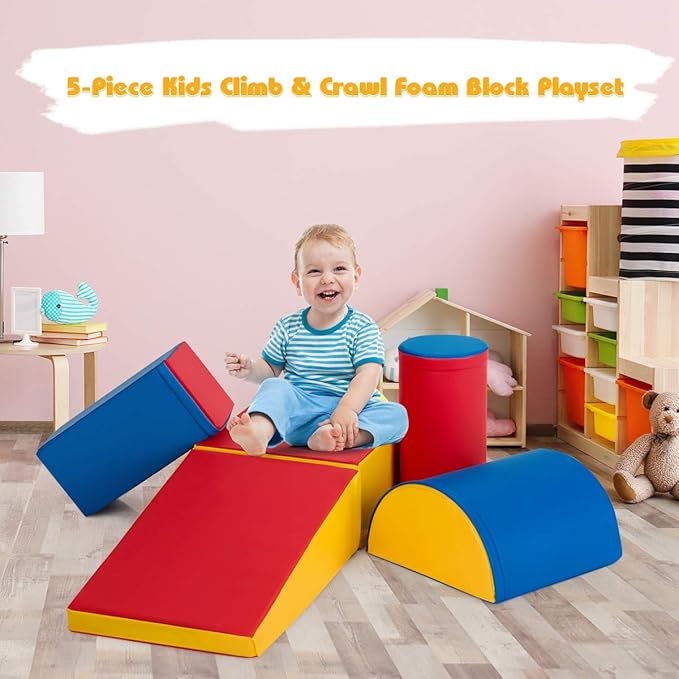 Costzon Crawl and Climb Play Set, Colorful 5 Piece Lightweight Foam Shape for Climbing, Crawling & Sliding, Safe Soft Block for Preschoolers, Baby, Kids (Ruby Red)