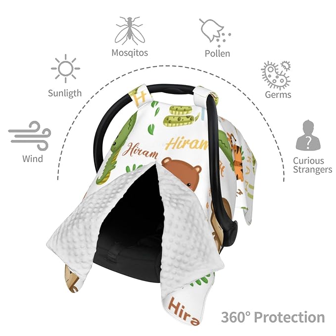 Personalized Cute Animal Baby Car Seat Canopy for Babies, Custom Baby Carseat Covers with Name, Peekaboo Opening Nursing Breastfeeding Cover, Stroller Canopies for Newborn Infant