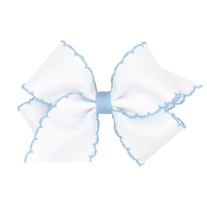 Wee Ones Girls' Classic Grosgrain Moonstitch Edge Hair Bow, No-Slip Hair Clip, Handmade, White with Millennium Blue, Small