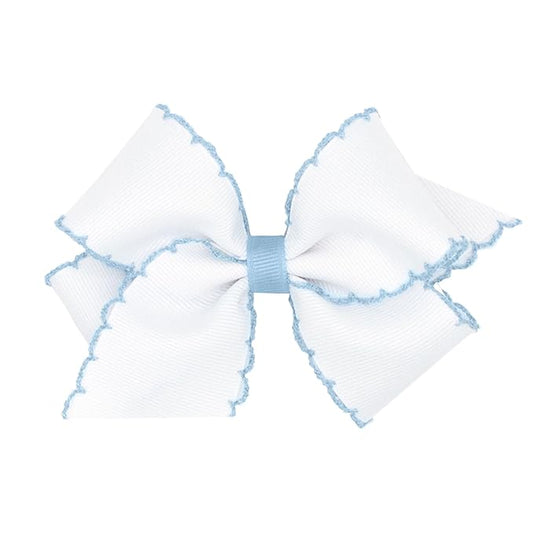 Wee Ones Girls' Classic Grosgrain Moonstitch Edge Hair Bow, No-Slip Hair Clip, Handmade, White with Millennium Blue, Small