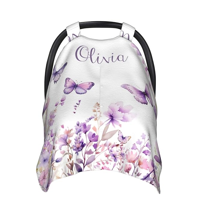 Personalized Baby Car Seat Canopy with Name – Custom Butterfly Purple Minky Nursing Cover for Girls, Soft Stroller Cover for Infants & Newborns, Carseat Canopy for Breastfeeding