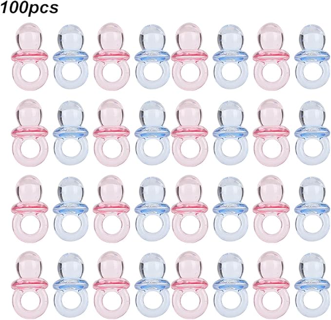150 Mini Acrylic Pacifiers for Baby Shower Game Assorted Bulk Clothing Accessories and Surrounding Areas Decorate Pacifier Plastic Multi Colored Craft Tiny (Transparent + Blue)