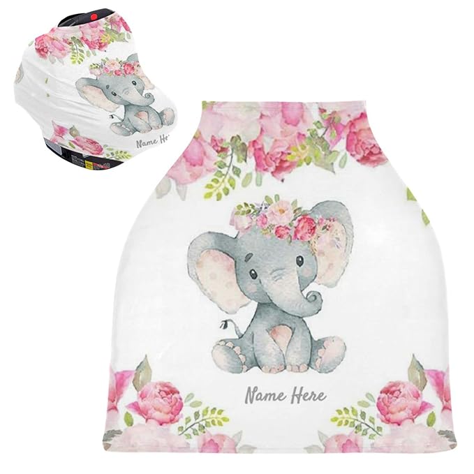 Personalized Baby Name Car Seat Covers for Babies, Custom Elephant Floral Carrier Cover for Newborn Boys Girls, Infant Carseat Canopy Nursing Breastfeeding Cover