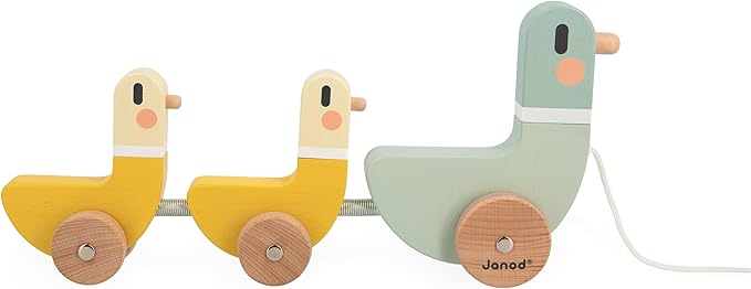 Janod - J04051 - 3 Sweet Cocoon Pulling Ducks - Develops Motor Skills - FSC Wood Toy and Water Paint - From 12 Months, Green/Yellow