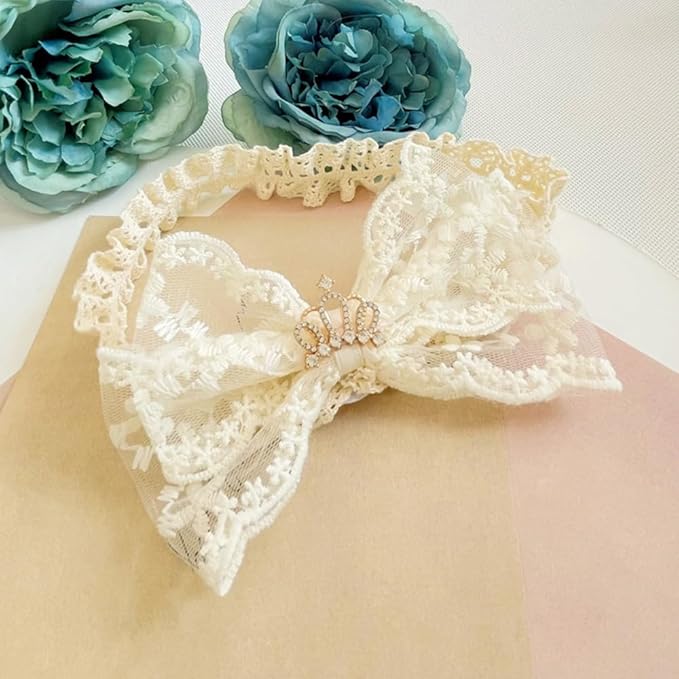 Cute Baby Girl Lace Headband Lace Bow Hair Accessories Elastic Bow Head Wrap for Newborn Infant Toddler Christening Baptism Party Hair Accessories for 0-36 Months (Ivory D, Free)