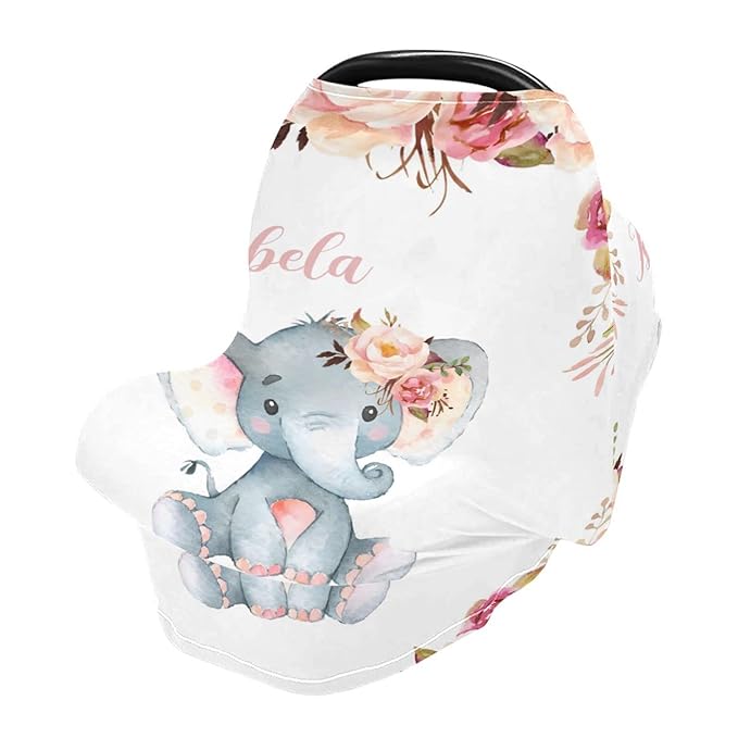 Personalized Baby Car Seat Covers with Name, Custom Nursing Cover Breastfeeding for Babies, Carseat Canopy for Girls, Infant Stroller Cover for Winter, Breathable Carseats Cover (Elephant Floral Pink)