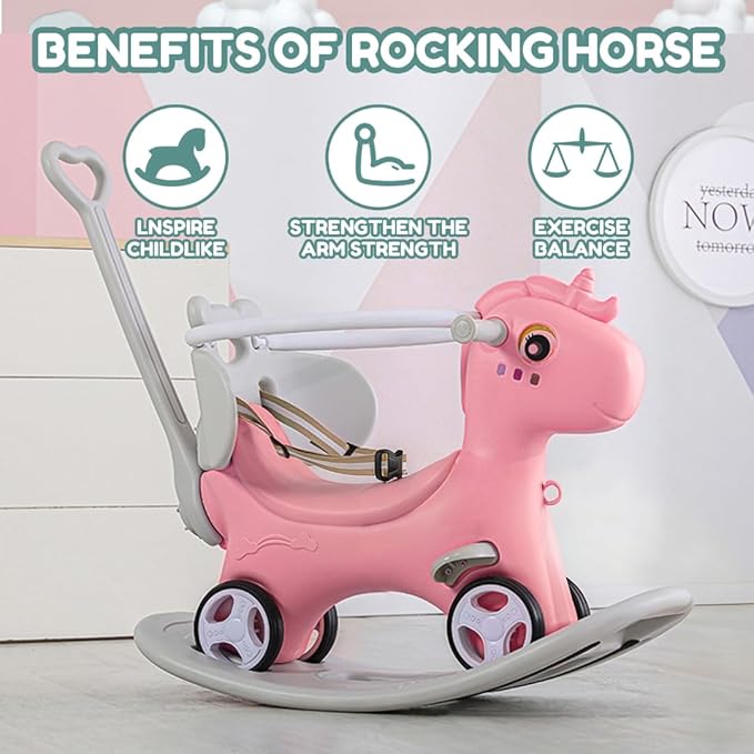 Leavader Rocking Horse for Toddlers, Multifunctional 4 in 1 Design Kids Rocking Horse, Toddler Ride on Toys, Balance Bike, Push Cart with Detachable Board, Ideal Gift for Children, Pink