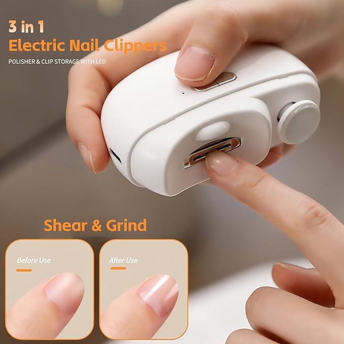 Electric Baby Nail Clippers, 3 in 1 Fingernail Trimmer, Polisher & Clip Storage with Led, Extra Nail File, USB Rechargeable & 2 Speeds Nail Trimmer for Baby, Kids, Adult, Seniors
