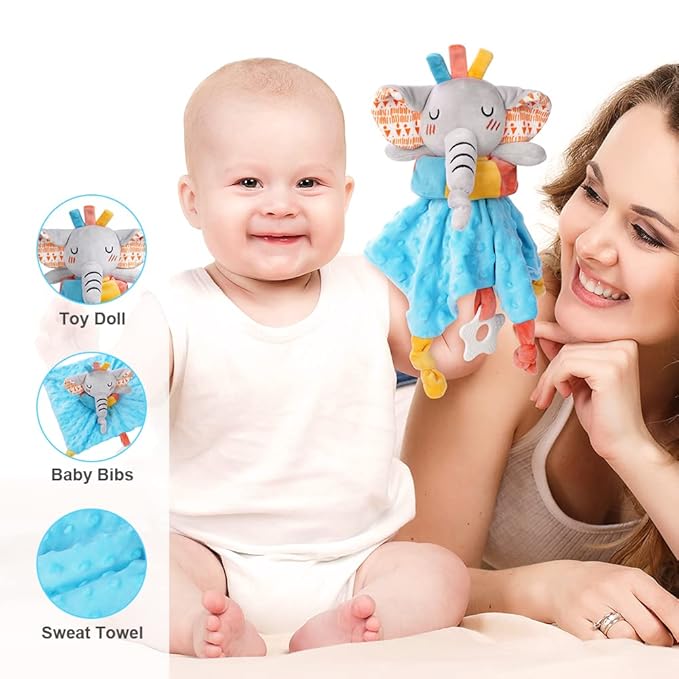 Vicloon Elephant Baby Security Blanket, 3IN1 Plush Baby Security Blanket with Tags&Teether, Babies Security Blanket for Boys&Girls, Security Blanket for Nursery Strollers, Cribs, Car Seats(Blue)