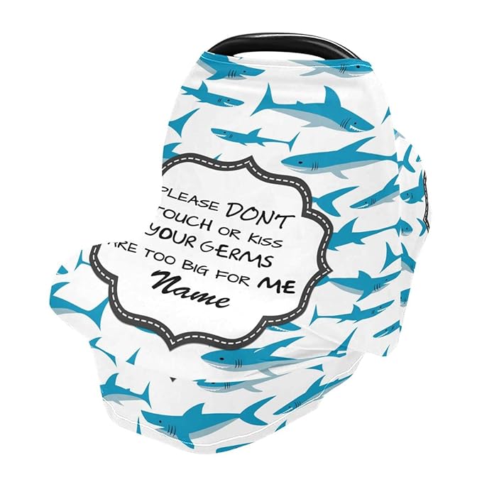 Personalized Shark Baby Boy Carseat Cover with Name, Customized No Touch Sign Stroller Car Seat Canopy, Multiuse Nursing Covers Breastfeeding Scarf, Shower Gift for Newborn Infant Babies