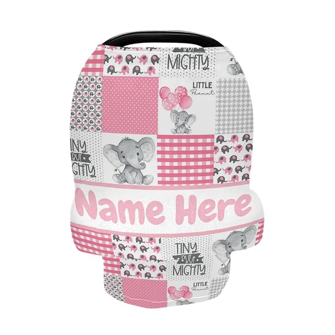 Personalized Elephant Pink Baby Car Seat Cover for Babies with Name, Custom Plaid Design Baby Car Seats Canopy for Girls, Nursing Breastfeeding Stroller Covers Infant Car Seat Blanket for Newborn