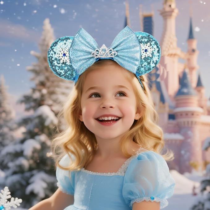 Adjustable Mouse Ears Headband with Crown, Ice Queen Elastic Hair Bow Hairband for Baby Girls Toddlers Teens