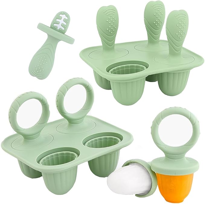 Silicone Popsicle Molds, Mini Breastmilk Popsicle Molds with Sticks, Frozen Breast Milk Teether Popsicle Maker Ice Pop Molds for Infant Feeding Spoon (2Set-Green)