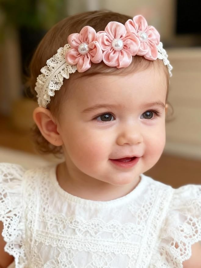 Handmade Baby Girl Headbands in Beige and Pink Lace Flowers for Newborns and Toddlers Cute Baby Girl Flowers and Newborn Headbands (Pink Pearl Flowers, One Size)