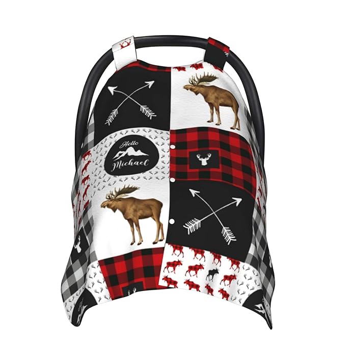 Personalized Moose Deer and Mountain Baby Car Seat Canopy for Babies with Name, Custom Car Seat Covers Boys Girls, Peekaboo Opening Minky Nursing Breastfeeding Cover Infant Canopies for Newborn