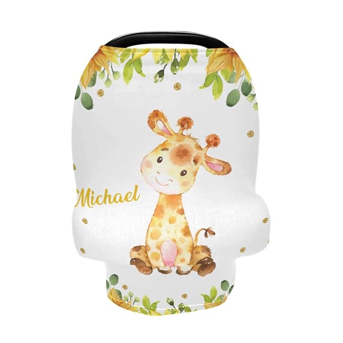 Personalized Baby Car Seat Covers with Name, Custom Nursing Cover Breastfeeding for Babies, Carseat Canopy for Girls and Boys, Infant Stroller Cover, Breathable Carseats Cover (Giraffe Sunflower)