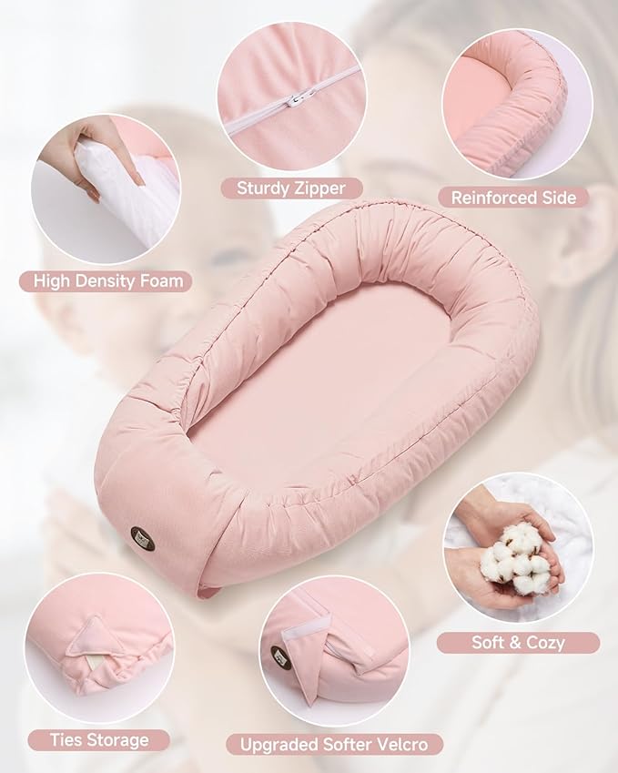 Baby Lounger, Adjustable Baby Lounger for Newborn 0-24 Months, Breathable & Soft Infant Lounger,Tummy Time Lounger for Home and Travel,Baby Girls & Boys Babies Stuff, Mother's Day Gift for Her, Pink