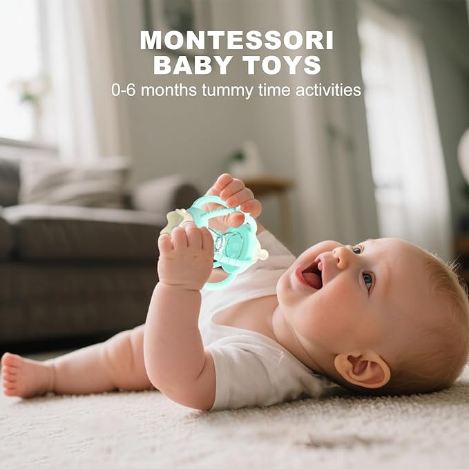 Teething Rattles for Babies 0-6 Months 6-12 months, Silicone Rattle Teether with Pacifier, Baby Montessori Toys 6-18 Months, Infant & Toddler Molar Teething Relief, Boys Girls Essential Gifts (Mint)