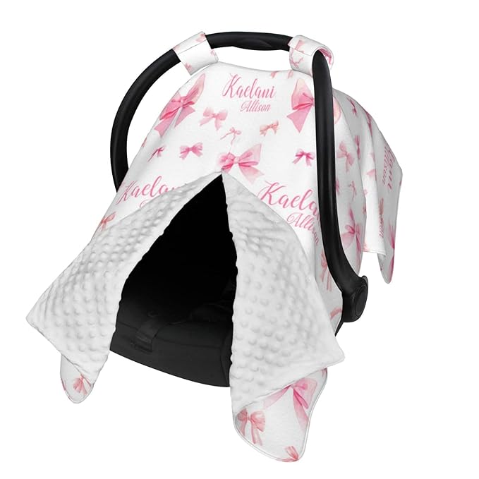 Personalized Baby Car Seat Canopy for Babies, Custom Name Pink Bow Baby Car Seat Covers for Girls, Opening Minky Nursing Breastfeeding Cover for Infant, Carseat Canopies for Newborn