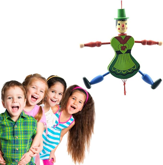 Pull String Puppet Toy 4 Pieces, Creative Puppet Toy Funny Wooden Toy Ornament Hanging Children Birthdays Gift