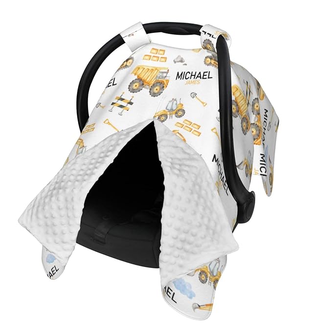 Personalized Baby Car Seat Canopy for Babies, Custom Name Baby Car Seats Covers for Boys, Opening Minky Nursing Breastfeeding Cover for Infant, Carseat Canopies for Newborn (Construction)