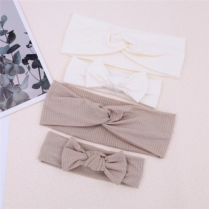 Sugarmelon Mommy and Me Headband Set Mother Baby Matching Turban Headbands for Toddler Baby Girls Women Scrunchies Hair Bow Hairbands (Oat/White)