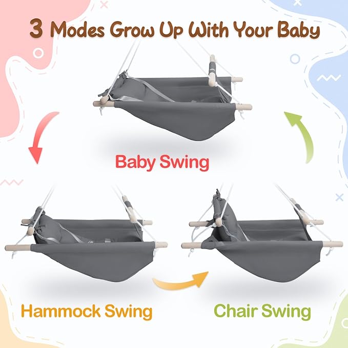 Baby Swing for Infants to Toddlers,Indoor Outdoor Wooden Hanging Swing Seat with Safety Belt and Mounting Hardware, Suitable for Ages Up to 3,Grey