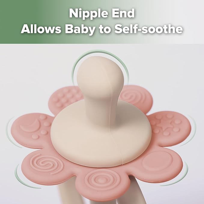haakaa Silicone Twin Flower Teether,Nipple-Shaped End for Gum Massage,360° Baby Toothbrush Head for Self-Brushing Training,Easy to Grip - Soft Pink