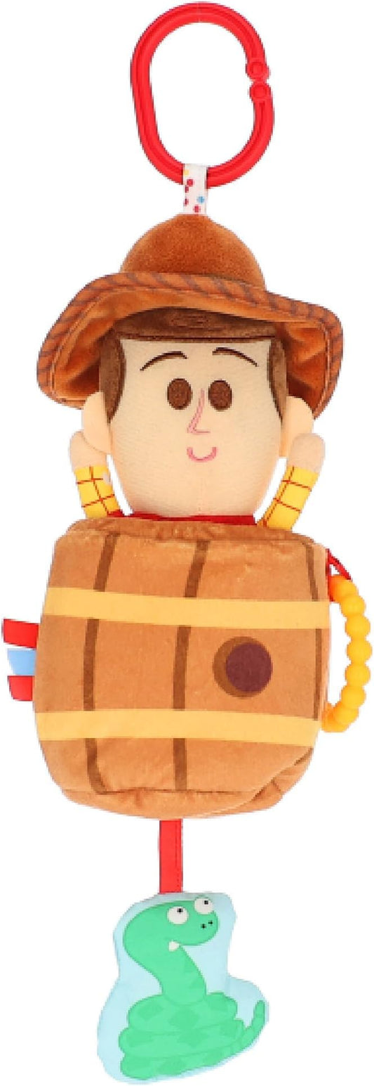 Disney Toy Story Woody in a Barrel Activity Toy with Pull Down Mechanism, Teether, Rattle, Crinkle Snake, and On the Go Clip for Babies