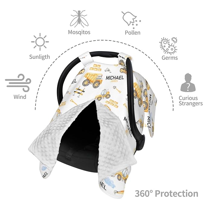 Personalized Baby Car Seat Canopy for Babies, Custom Name Baby Car Seats Covers for Boys, Opening Minky Nursing Breastfeeding Cover for Infant, Carseat Canopies for Newborn (Construction)