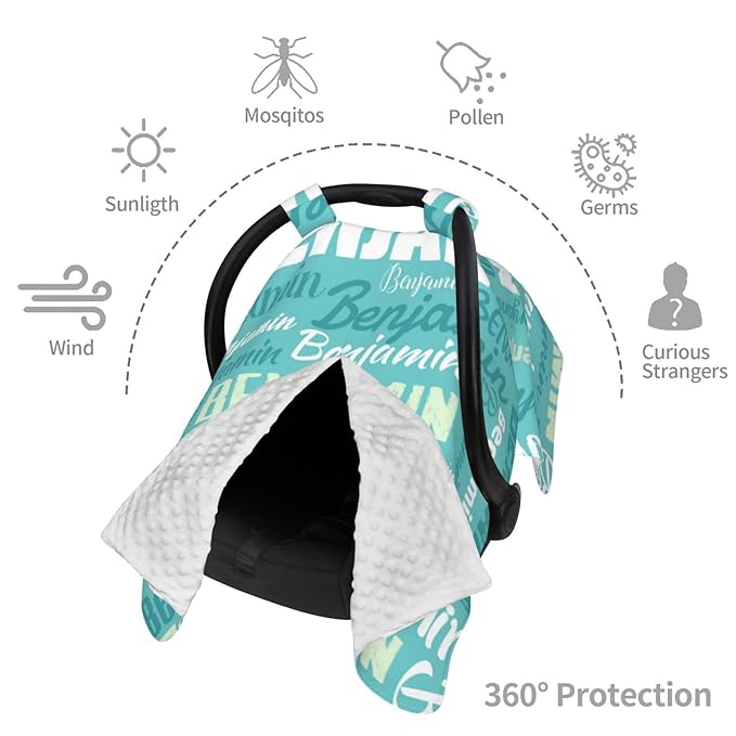 Personalized Baby Car Seat Canopy for Babies, Custom Name Baby Car Seats Covers for Boys Girls, Opening Minky Nursing Breastfeeding Cover for Infant, Carseat Canopies for Newborn (Cyan)