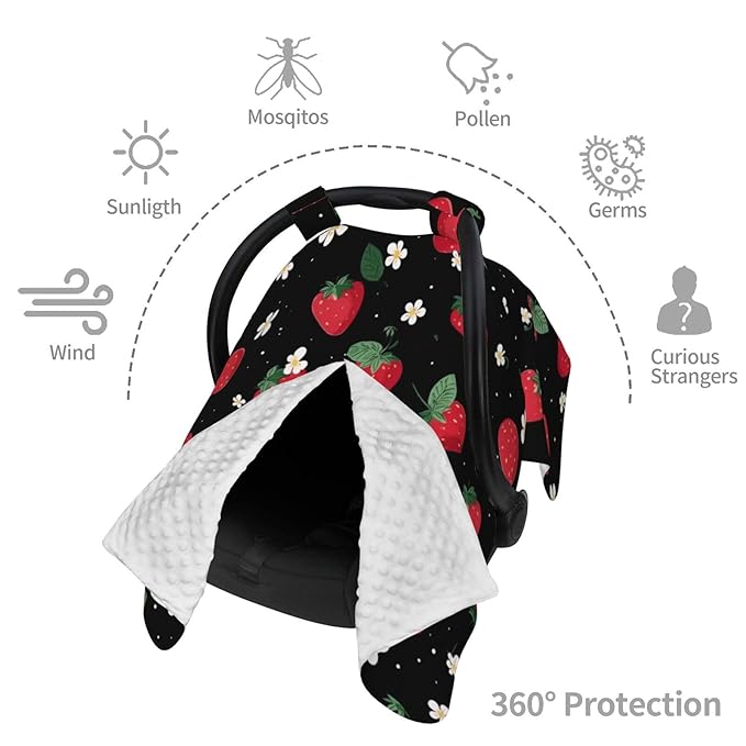 KiuLoam Strawberry Floral On Black Baby Car Seat Canopy, Nursing Cover for Mom Breastfeeding Scarf, Infant Car Seat Cover/Multiuse Baby Stroller Covers for Babies Boys Girls