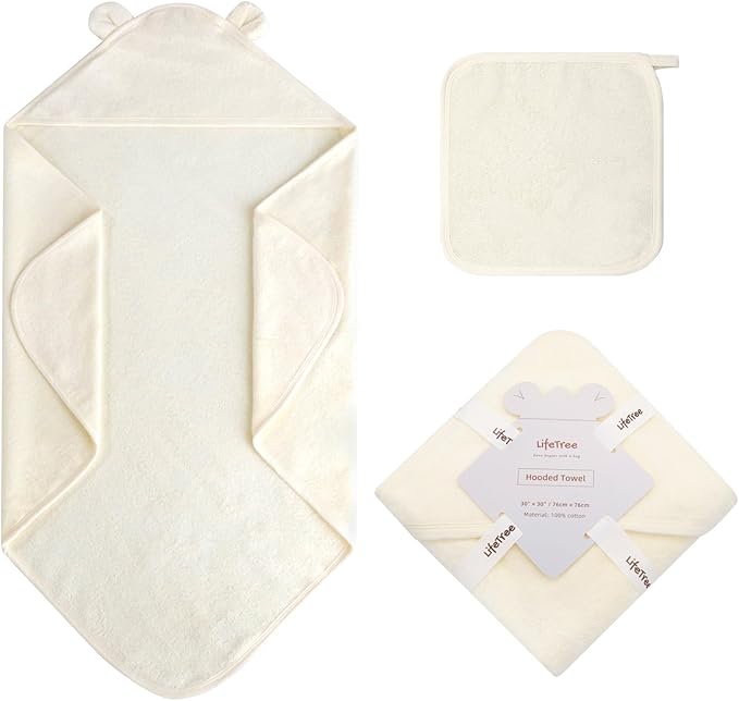 LifeTree 1 Pack Baby Hooded Towel with 1 Pack Washcloth for Newborn, 100% Cotton Bath Towel for Babies, Infant, Toddler and Kids, Thick,Soft and Absorbent, 30 * 30 Inches, Newborn Essentials, White