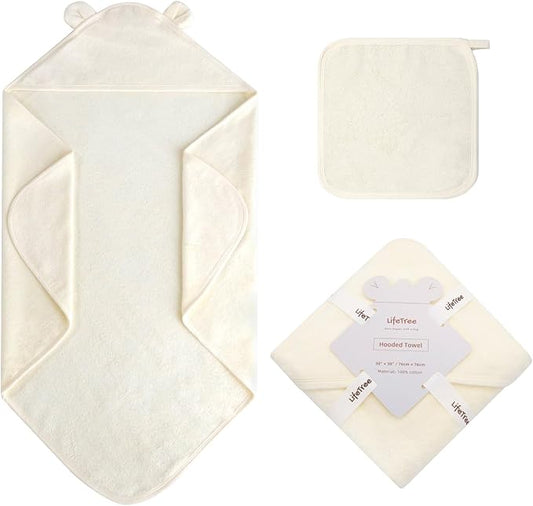 LifeTree 1 Pack Baby Hooded Towel with 1 Pack Washcloth for Newborn, 100% Cotton Bath Towel for Babies, Infant, Toddler and Kids, Thick,Soft and Absorbent, 30 * 30 Inches, Newborn Essentials, White