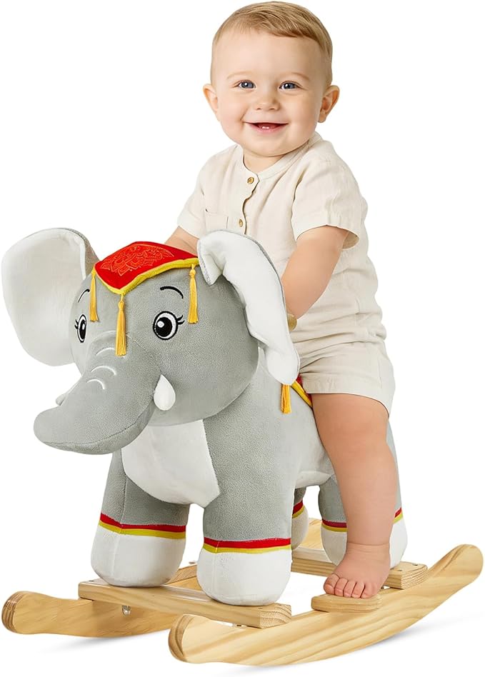 FUNLIO Thai Elephant Baby Rocking Horse for Toddlers 1-3 Years, Cute & Graceful Gray Elephant Rocker for Baby, Stuffed Plush Ride-on Rocking Animal, Easy to Assemble, CPC & CE Certified