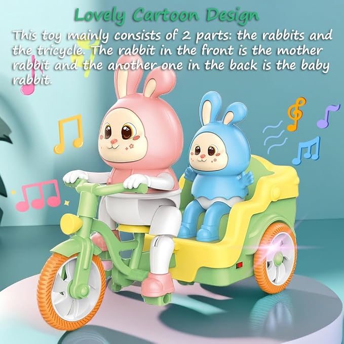 Miracland Tricycle-Riding Rabbit Musical Toy, Adorable Baby and Mom Rabbit Toy, Electric Tricycle Toy with Simulated Cycling Movement, Cool Lights and Joyful Music (Blue)