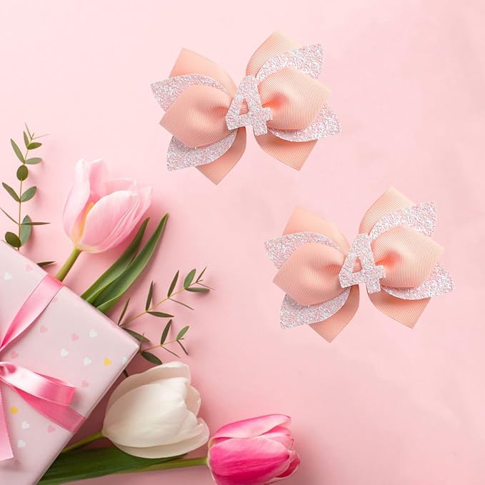 Pink Birthday Hair Bow for Baby Girls - 2Pcs Peach-pink Sprinkle Hair Clips for 4th Birthday Glitter Baby Bow Party Decorations for Girls Toddlers Hair Accessories