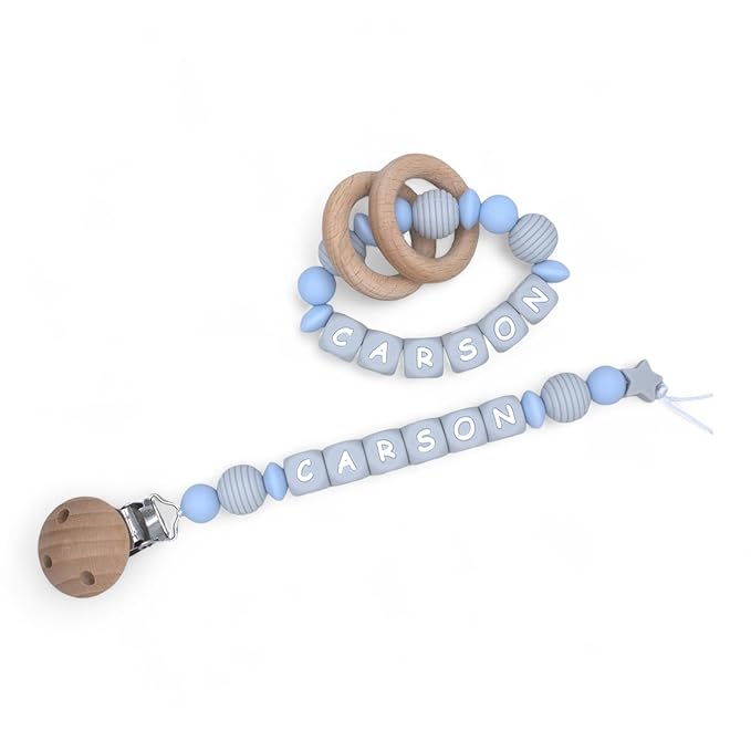Personalized Baby Pacifier Clips, Rattle Rings & Keychains – Blue Styles | Stylish Baby Accessories, 3rd Party Tested for Safety