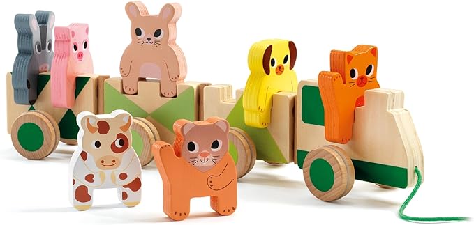 DJECO Farm Animals Wooden Train - Trainimo Farm - Safe for Kids Toys, Cute Toddler Vehicle, Stackable Animals for Imagination, Active Play, Motor Skills - Perfect for Boys & Girls Ages 18+ Months