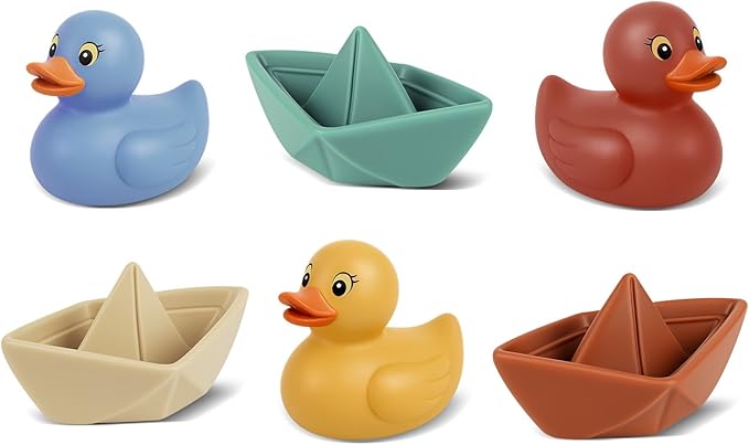 Bath Toys for Toddlers 1-3, Soft & Textured Montessori Baby Toys 6-12 Months, Floating Boat & Spraying Duck Bathtub Set, Sensory Water Play for Boys & Girls