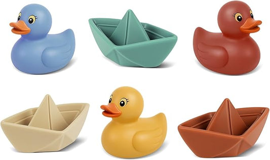 Bath Toys for Toddlers 1-3, Soft & Textured Montessori Baby Toys 6-12 Months, Floating Boat & Spraying Duck Bathtub Set, Sensory Water Play for Boys & Girls