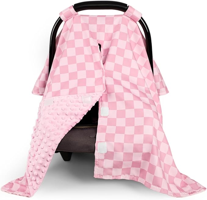 Baby Car Seat Cover, Minky Carseat Cover Baby Girl, Peekaboo Opening Infant Car Seat Cover, Warm Baby Car Seat Canopy for Winter, Pink Checkered