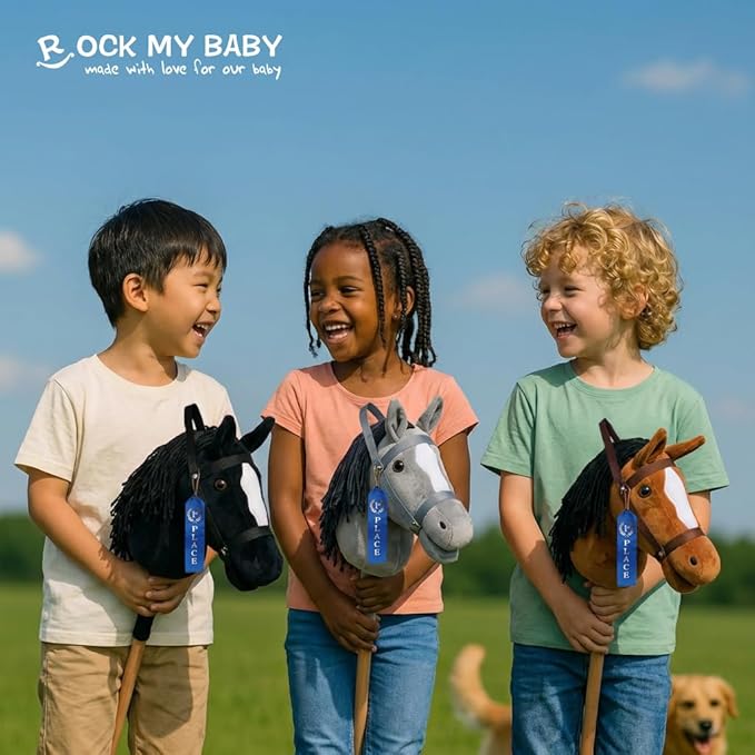 ROCK MY BABY Hobby Horse Plush Stuffed Stick Horse with Award Ribbon for Boys and Girls 3+ Fun Toys for Pretend Play (Gray) CPC Certified