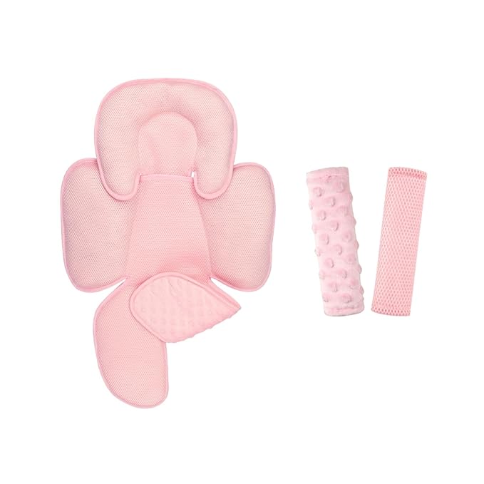 2-in-1 Baby Car Seat Cushion & Car Seat Strap Pads, Infant Car Seat Head Support & Strap Shoulder Covers, Car Seat Insert & Belt Covers for Newborn, Pink