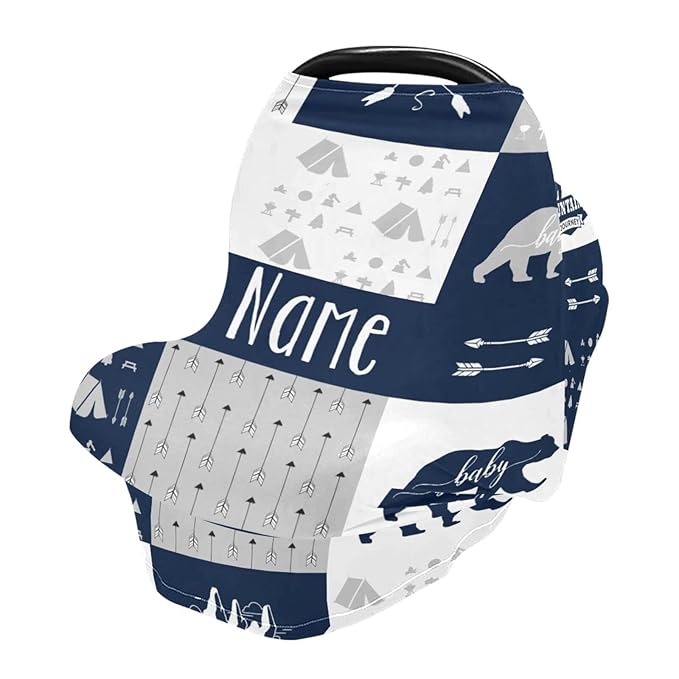 Personalized Woodland Bear Baby Car Seat Covers with Name, Custom Nursing Cover Breastfeeding Scarf for Babies, Carseat Canopy for Boys, Infant Stroller Cover, Multiuse Carseat Cover